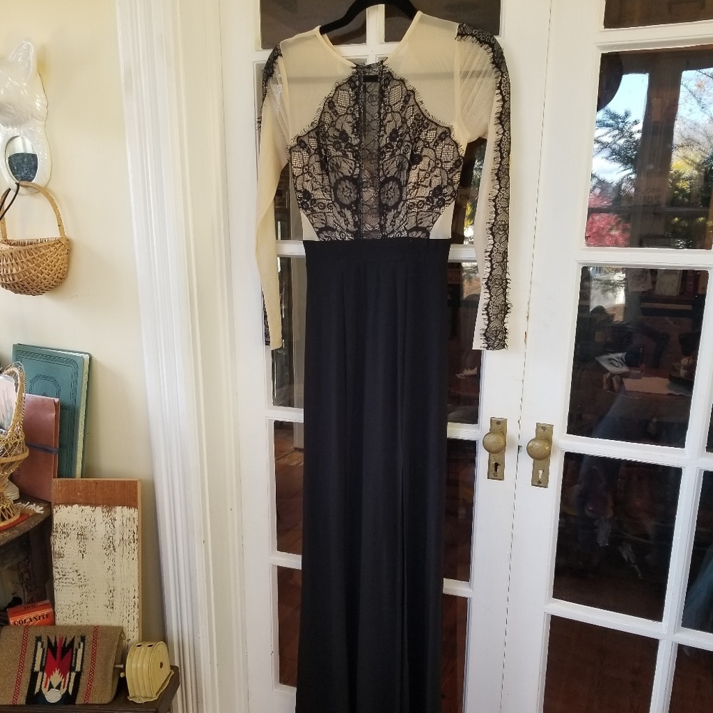 Beautiful Evening Gown in Black Lace / Cream Sheer
